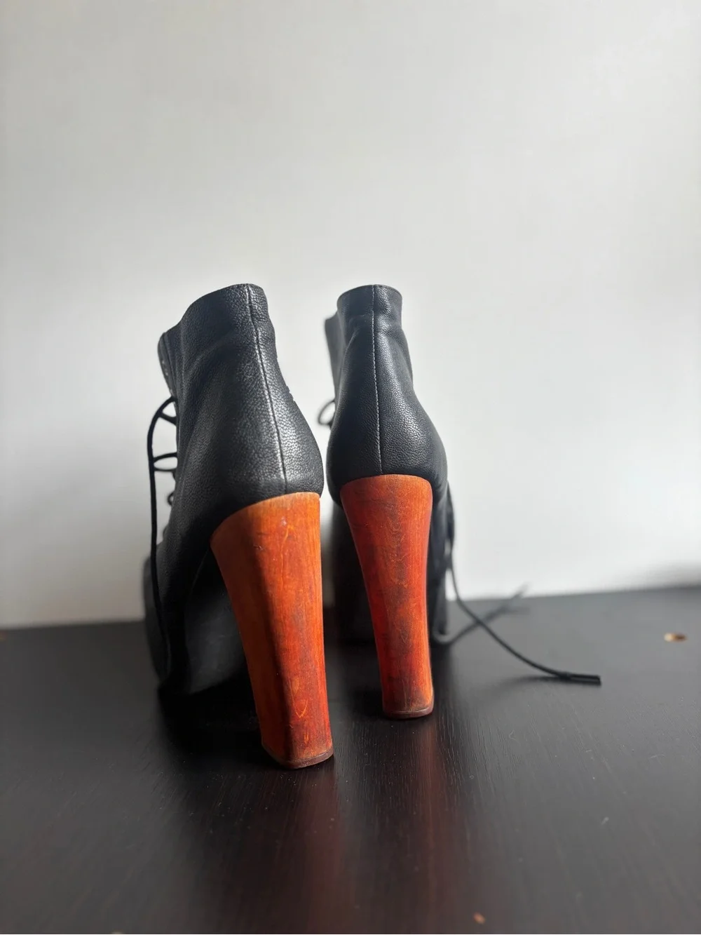 Jeffrey Campbell Lita Black Lace-Up Platform Ankle Boots with Wood-Tone Heel
